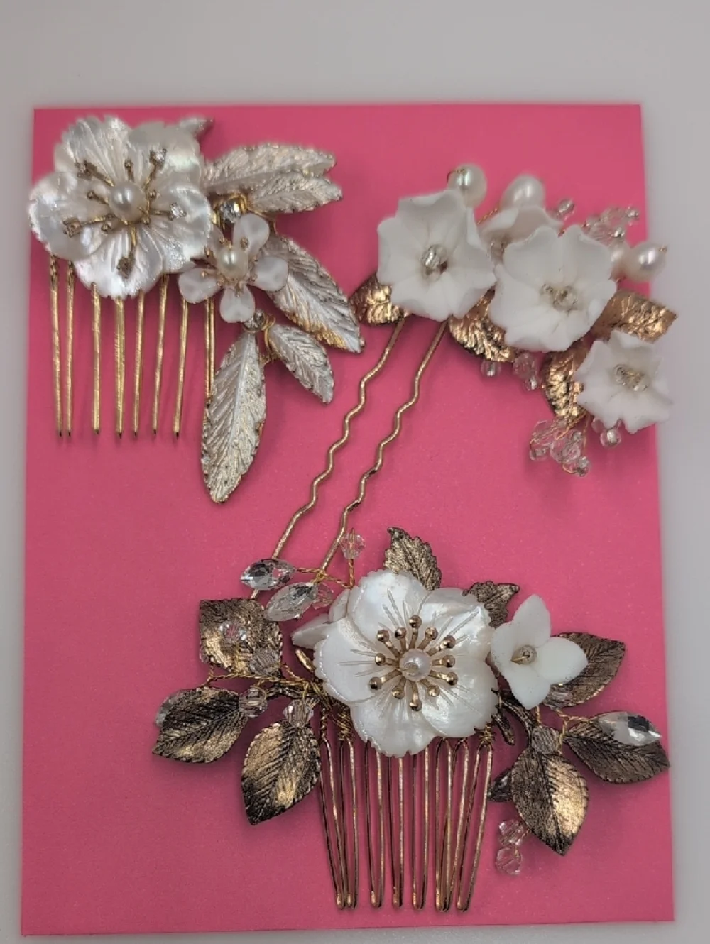 Gold Floral Hair Comb Set with White Flowers